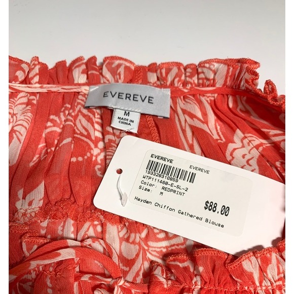 Evereve Womens Med‎ Lined Chiffon Top Blouse Gathered Red Floral 3/4 Sleeve NWT - Picture 5 of 5